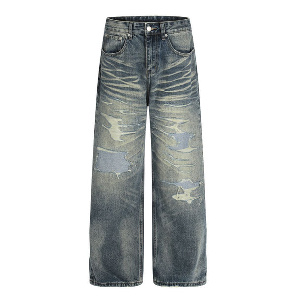 Men's Distressed Gradient Washed Denim Pants Loose Punk Street