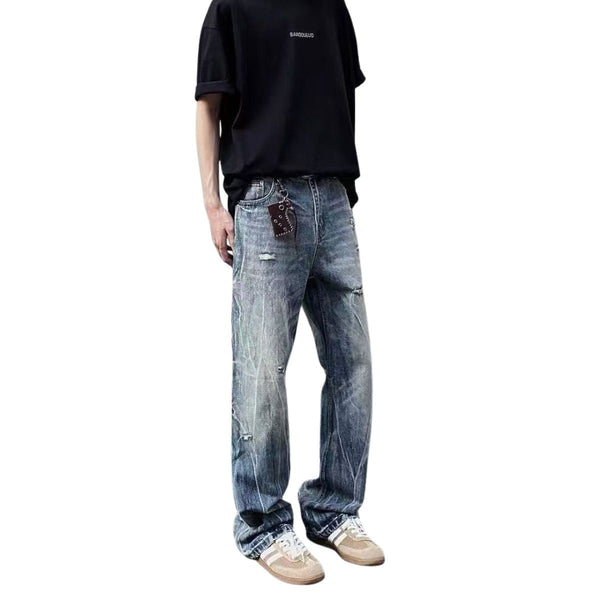 Distressed Fade Relaxed Flare Denim Jeans