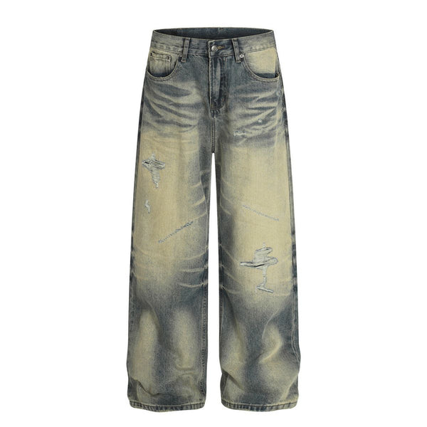 Men's Washed Distressed Denim Loose Vintage Street Pants Mud Dye Holes