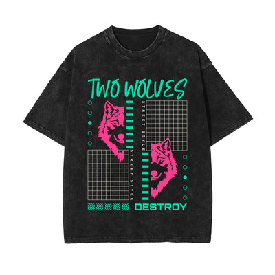 Two Wolves Graphic Stone Wash Tee-INNBLAC