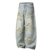 American Retro Frayed Hem Star Graphic Loose Fit Denim Trousers
