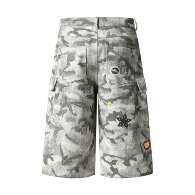 Washed Camo Graffiti Bear Patch Relaxed Wide-Leg Utility Bermuda Shorts