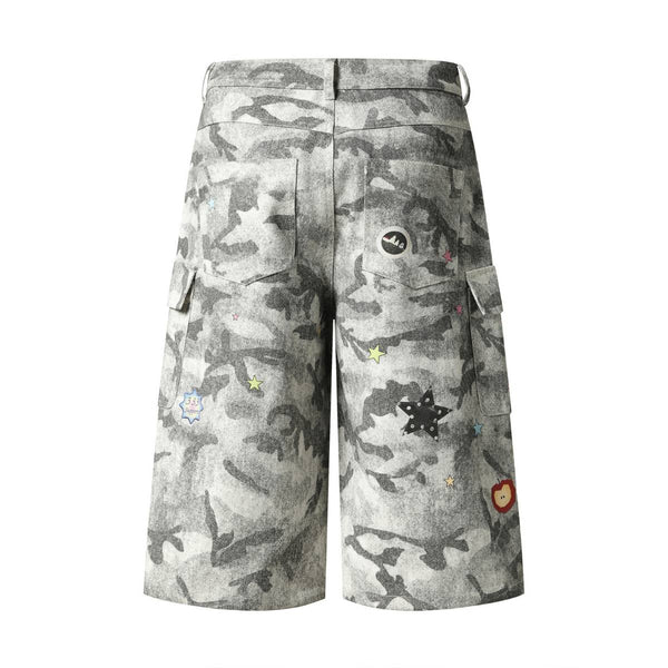 Washed Camo Graffiti Bear Patch Relaxed Wide-Leg Utility Bermuda Shorts