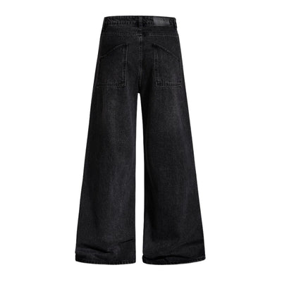 Men's Coated Curved Denim Pants Patchwork Pleated Loose Wide Leg