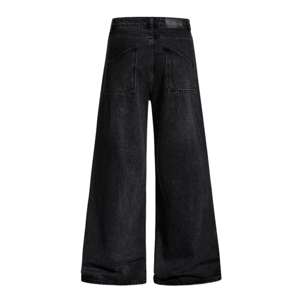 Men's Coated Curved Denim Pants Patchwork Pleated Loose Wide Leg