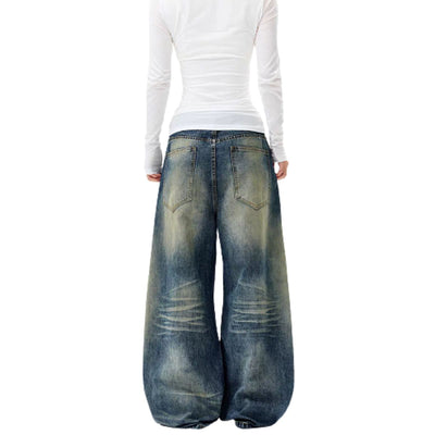 Washed Vintage Curved Leg Loose Fit Denim Jeans