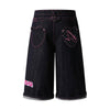 Washed Contrast Star Heart Embroidered Button Wide-Leg Bermuda Shorts