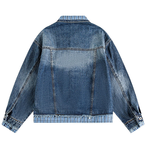 Unisex Retro Blue Petite Loose Plaid Collar Denim Jacket