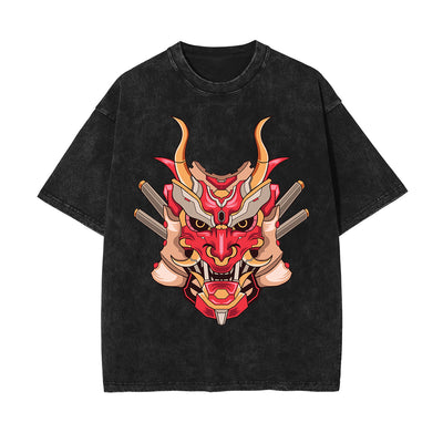 Oni Mask Mecha Washed Graphic Tee-INNBLAC