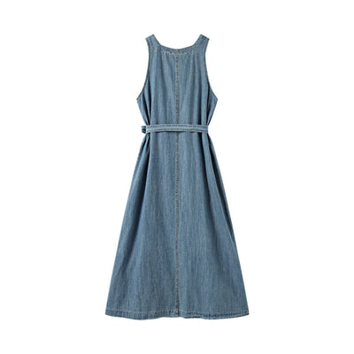 Sleeveless Self-Tied Denim Midi Dress