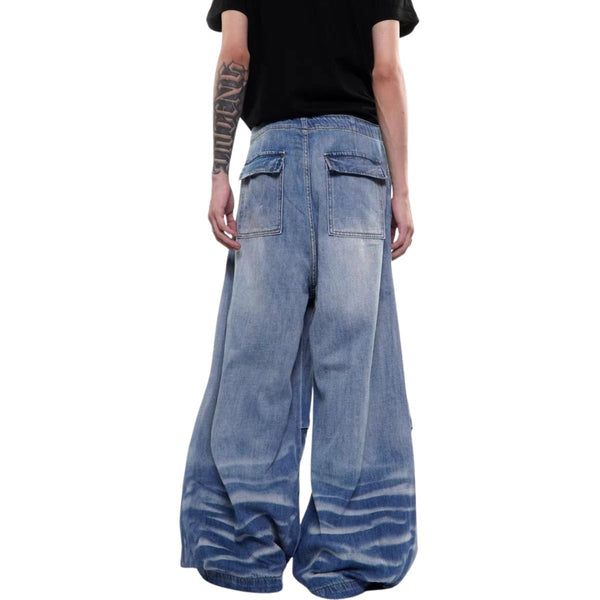 Washed Drawstring Wide Leg Denim Pants