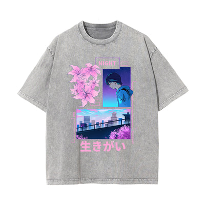 Japanese Kanji Night Graphic Washed Tee-INNBLAC