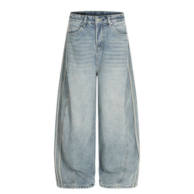 Men's Washed Distressed Denim Pants Vintage American Loose Wide Leg