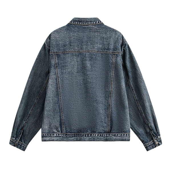 Zipper-embroidered Loose Retro Washed Denim Jacket