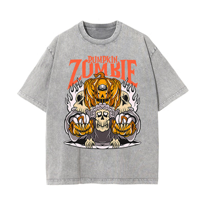 Pumpkin Zombie Graphic Washed Tee-INNBLAC
