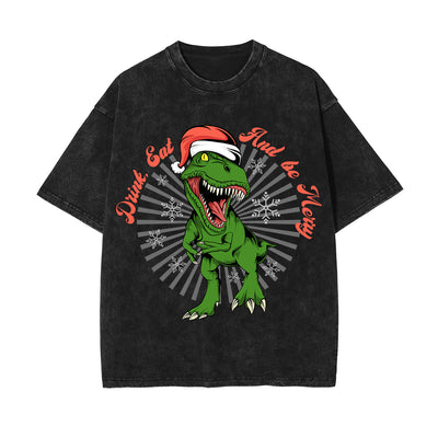 Christmas Dinosaur Stone Wash Graphic Tee-INNBLAC