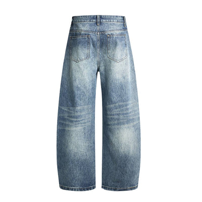 Vintage Whiskered Gradient Washed High Waist Barrel Wide Leg Denim Jeans