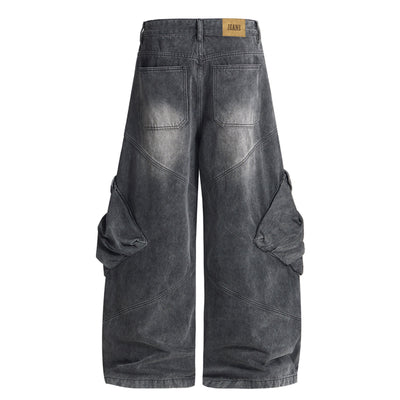 Cargo Wide Leg Distressed Wash Denim Jeans