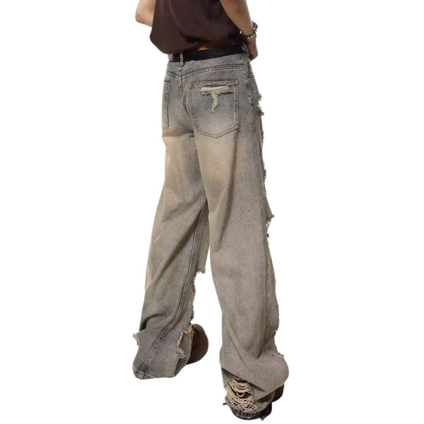 Vintage Distressed Wide Straight Leg Denim Jeans