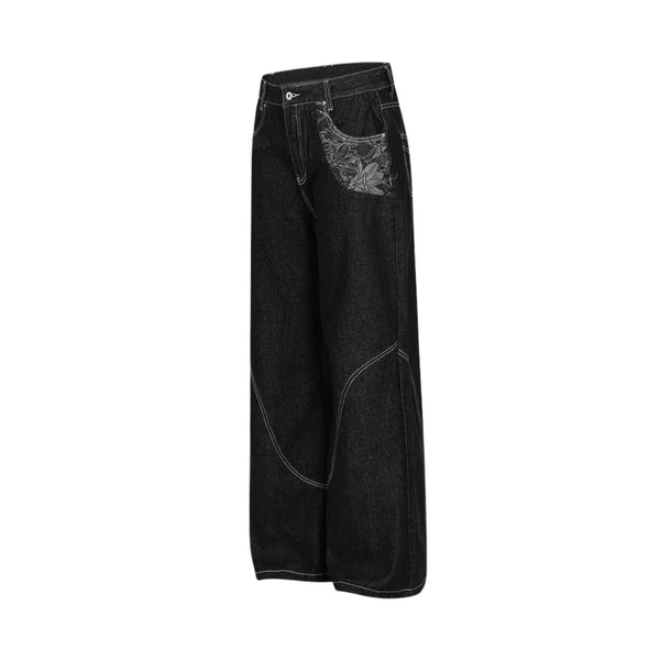 Men's Embroidered Denim Wide Leg Pants Street Vibe Unique Pockets