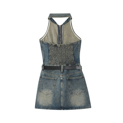 Halter Neck Belted Ripped Denim Mini Dress