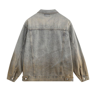 Unisex Retro Street style Distressed Washed Blue&yellow Mud-dyed Denim Jacket