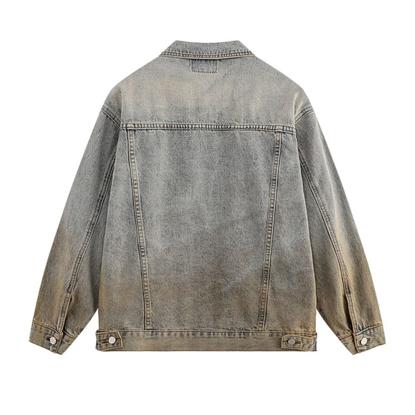 Unisex Retro Street style Distressed Washed Blue&yellow Mud-dyed Denim Jacket