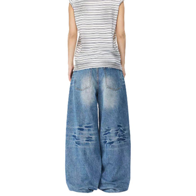 Bleached Rip Curved Wide Leg Denim Jeans