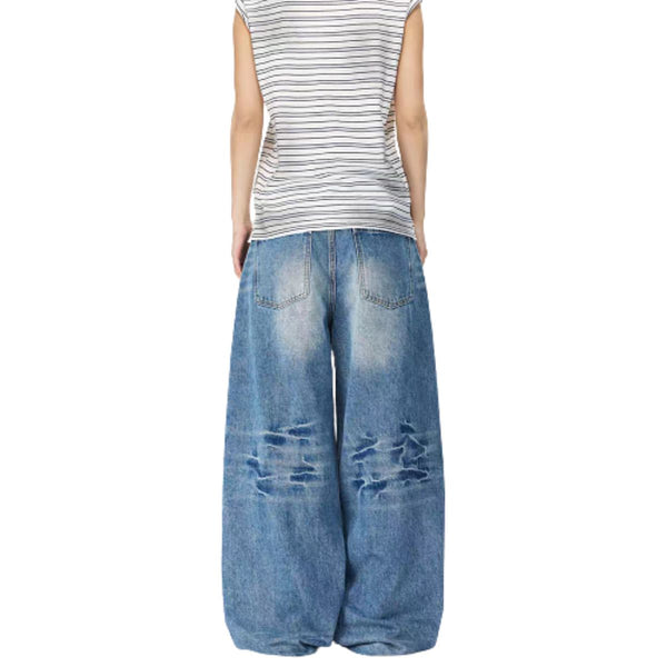 Bleached Rip Curved Wide Leg Denim Jeans