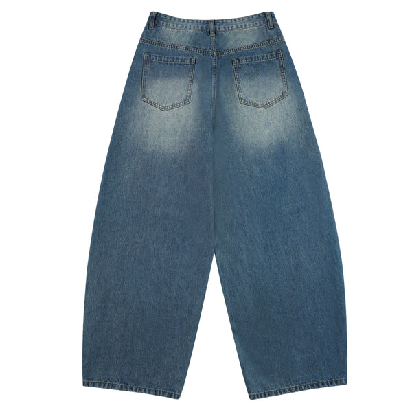 Vintage Wash Faux Layered Baggy Curved Leg Denim Jeans