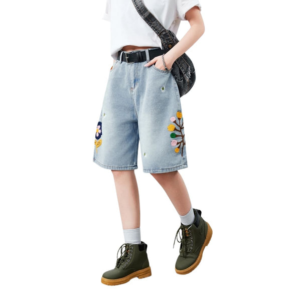 Floral Embroidery Washed Denim Shorts