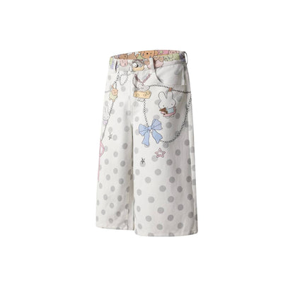 Washed Rabbit Print Polka Dot Bow Detail Relaxed Wide-Leg Bermuda Shorts