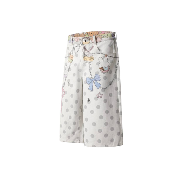 Washed Rabbit Print Polka Dot Bow Detail Relaxed Wide-Leg Bermuda Shorts