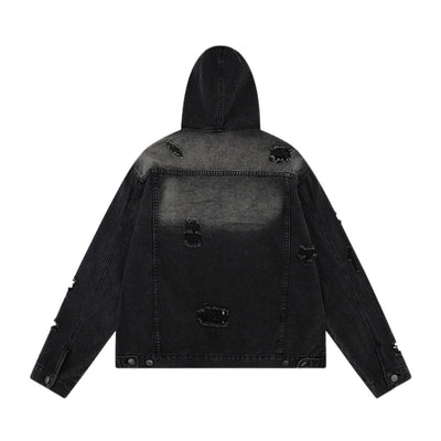 Unisex Retro Distressed Ripped Washed Denim Jacket with Hood