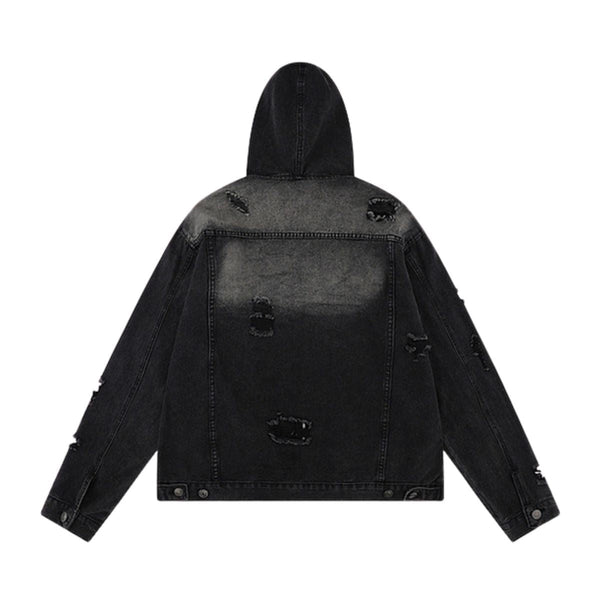 Unisex Retro Distressed Ripped Washed Denim Jacket with Hood
