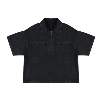 Vintage Washed Denim Zip Polo Shirt