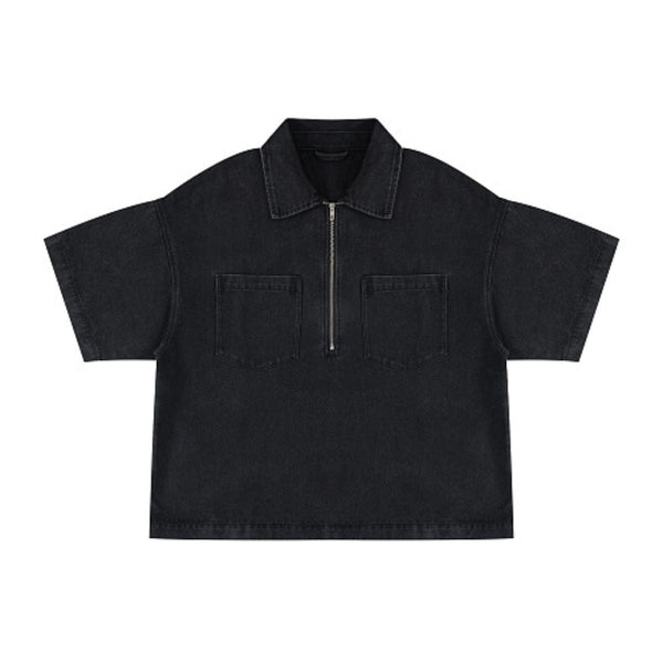 Vintage Washed Denim Zip Polo Shirt