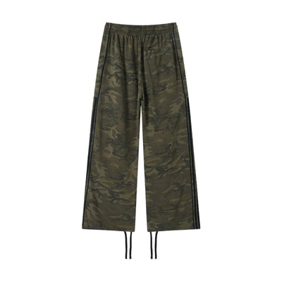 Heavyweight Camouflage Stripe Patchwork Drawstring Straight Leg Sweatpants