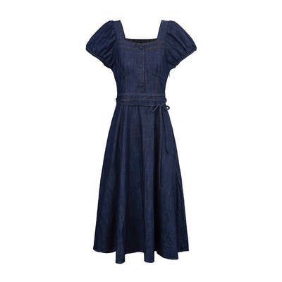 Puff Sleeve Square Neck Denim Midi Dress