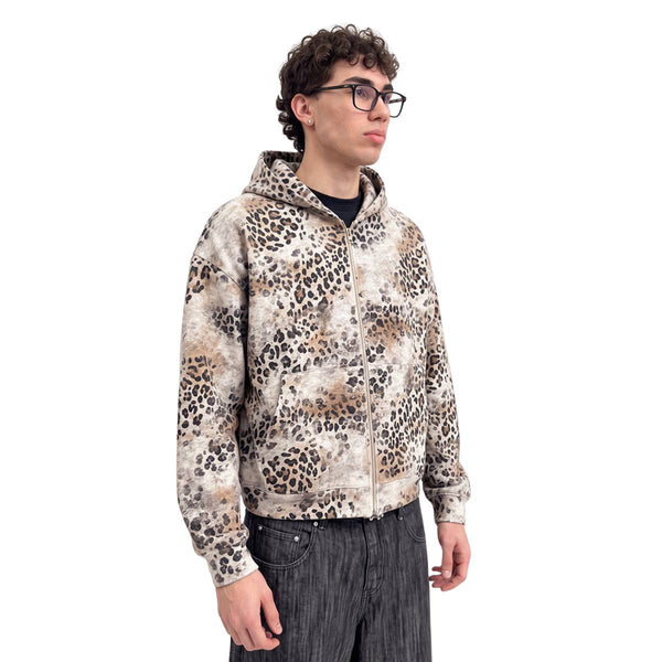 Vintage Streetwear Leopard Pattern Relaxed Fit Zip Hoodie