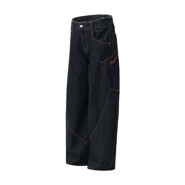 Men's Curved Crescent Denim Pants – Loose Wide-Leg Street Style