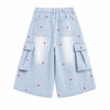 Heart Embroidery Striped Cargo Denim Capri Shorts