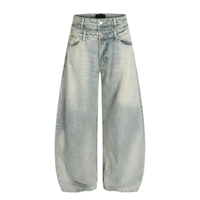 Men's Two-Tone Double Waist Denim Pants Washed Distressed Punk