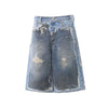 Vintage Washed Distressed Denim Bermuda Shorts with Frayed Panels