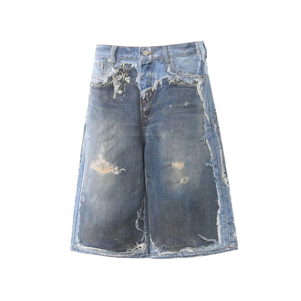Vintage Washed Distressed Denim Bermuda Shorts with Frayed Panels