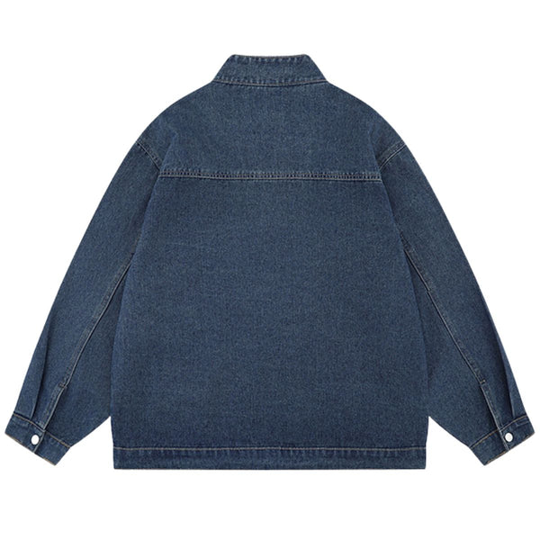 Heavy Industry Retro Zipper Stand Collar Motorcycle Wear Washed Denim Jacket