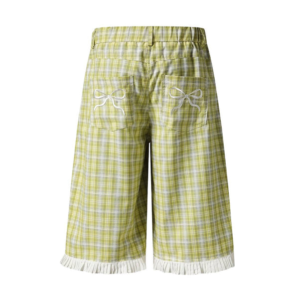 Washed Plaid Graphic Patchwork Bow Detail Relaxed Wide-Leg Capri Denim Pants