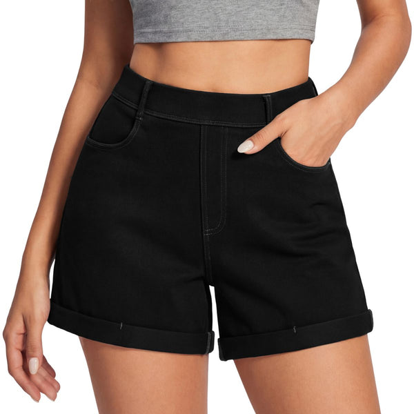 High?Rise 3?Inch Hot Pants Comfort Knit 4?Way Stretch Women's Denim Shorts