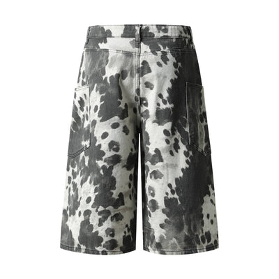 Washed Ink Dye Cow Print Cargo Pocket Relaxed Wide-Leg Bermuda Denim Shorts