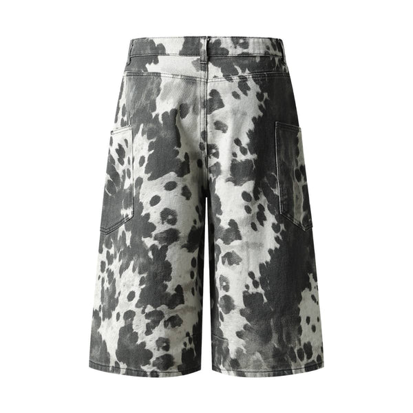 Washed Ink Dye Cow Print Cargo Pocket Relaxed Wide-Leg Bermuda Denim Shorts